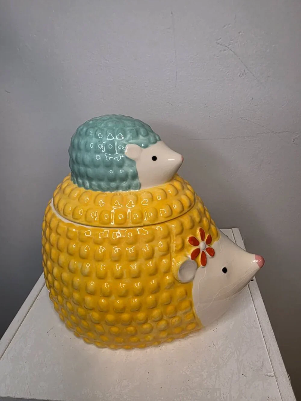 Pier 1 Hedgehog Momma and Baby Cookie Jar Flower Whimiscal